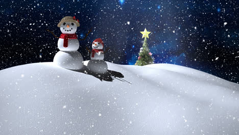 Snow-falling-over-christmas-tree,-snowwoman-and-baby-snowman-on-winter-landscape-against-night-sky