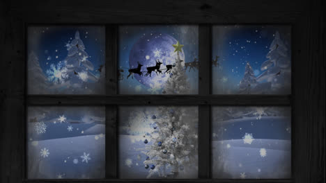 Window-frame-against-snowflakes-falling-over-christmas-tree-on-winter-landscape-against-night-sky