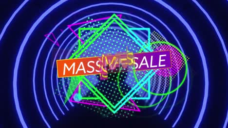 Digital-animation-of-massive-sale-text-over-abstract-shapes-against-blue-neon-concentric-circles