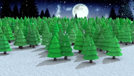 Schnee-Fällt-über-Mehrere-Baumsymbole-In-Der-Winterlandschaft-Vor-Dem-Mond-Und-Leuchtet-Am-Nachthimmel