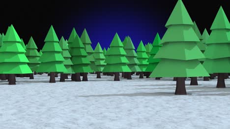 Digital-animation-of-multiple-trees-icons-on-winter-landscape-against-blue-background