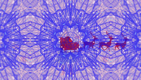 Animation-of-santa-claus-in-sleigh-with-reindeer-moving-over-kaleidoscopic-blue-shapes