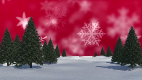 Multiple-tress-on-winter-landscape-against-snowflakes-floating-on-red-background