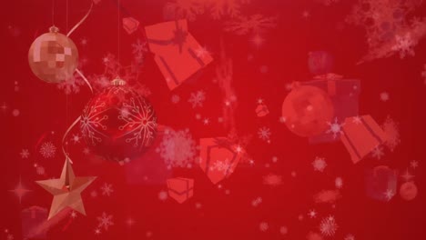 Animation-Von-Weihnachtsgeschenken,-Bällen-Und-Schnee,-Der-über-Bokeh-Hintergrund-Mit-Rotfilter-Fällt