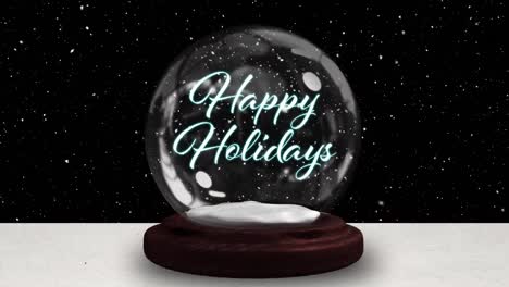 Snow-falling-on-happy-holidays-text-and-shooting-star-around-a-snow-globe-against-black-background