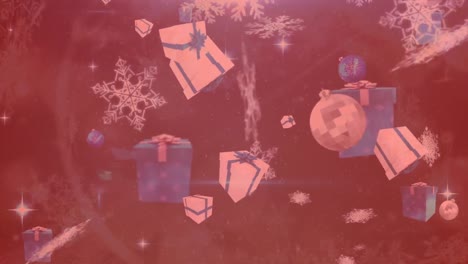 Mehrere-Weihnachtsgeschenke,-Kugeln-Und-Schneeflocken-Symbole-Fallen-Vor-Rotem-Hintergrund