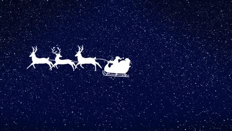 Snow-falling-over-santa-claus-in-sleigh-being-pulled-by-reindeers-against-blue-background
