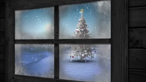 Animation-of-window-view-of-christmas-tree-and-winter-landscape