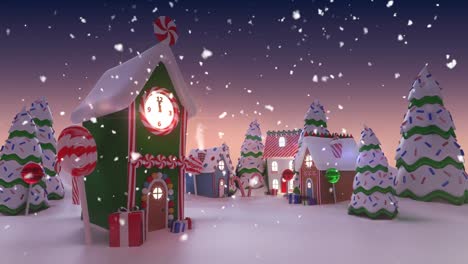 Animation-Von-Schnee,-Der-über-Weihnachtlich-Geschmückte-Häuser-Und-Winterlandschaft-Fällt