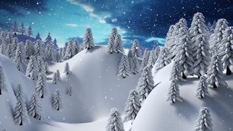 Schnee-Fällt-über-Mehrere-Bäume-In-Der-Winterlandschaft-Vor-Wolken-Am-Himmel