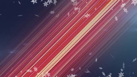 Digital-animation-of-snowflakes-falling-against-red-light-trails-on-blue-background