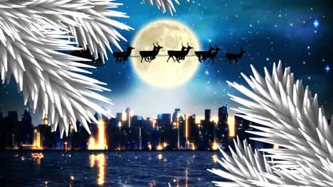 Weiße-Weihnachtsbaumzweige-über-Dem-Weihnachtsmann-Im-Schlitten,-Der-Von-Rentieren-Gegen-Den-Nachthimmel-Gezogen-Wird