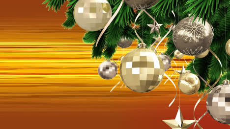 Animation-of-christmas-decoration-over-moving-lines-on-orange-background