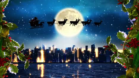 Christmas-wreath-decoration-against-santa-claus-in-sleigh-being-pulled-by-reindeers-over-cityscape