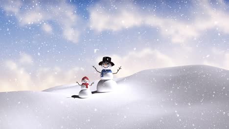 Animation-Von-Schnee,-Der-über-Lächelnde-Schneemänner-In-Einer-Winterlandschaft-Fällt