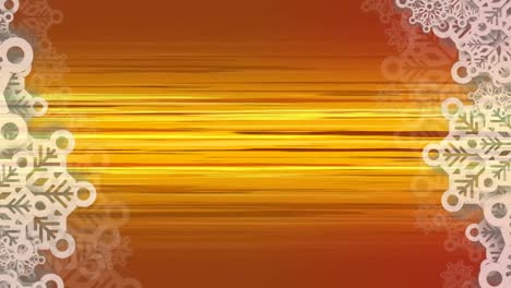 Digital-animation-of-snowflakes-pattern-against-yellow-light-trails-on-orange-background