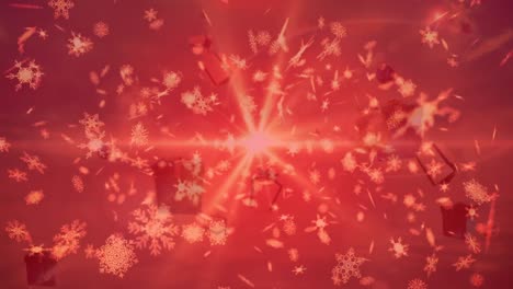 Animation-of-christmas-presents,-balls-and-snow-falling-over-background-with-red-filter