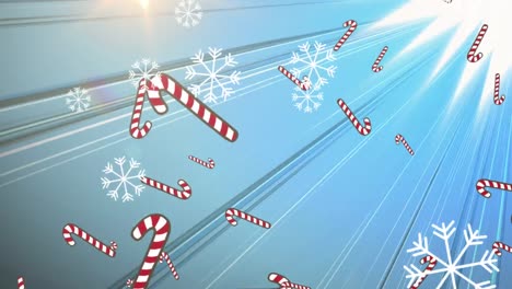 Animation-of-snow-and-candy-cane-falling-over-glowing-rays-on-blue-background