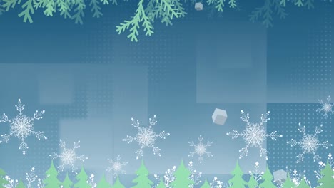 Animation-Von-Schnee,-Der-über-Leuchtende-Strahlen-Auf-Blauem-Hintergrund-Fällt