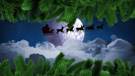 Grüne-Äste-über-Dem-Weihnachtsmann-Im-Schlitten,-Der-Von-Rentieren-Gegen-Den-Mond-Am-Nachthimmel-Gezogen-Wird