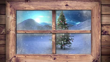 Holzfensterrahmen-Gegen-Schnee,-Der-über-Den-Weihnachtsbaum-In-Der-Winterlandschaft-Fällt