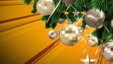 Animation-of-christmas-decoration-over-glowing-rays-on-orange-background