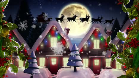 Animation-of-santa-claus-in-sleigh-with-reindeer-moving-over-moon-and-winter-landscape