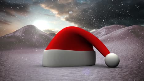 Animation-Einer-Leeren-Karte-Mit-Kopierraum-Und-Weihnachtsmütze-über-Fallendem-Schnee-Und-Winterlandschaft
