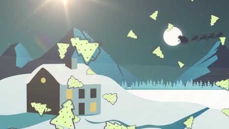Multiple-christmas-tree-icons-falling-over-winter-landscape-with-house-and-mountains