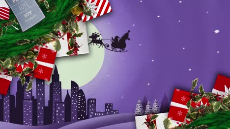 Weihnachtskranz-Und-Geschenke-Gegen-Den-Weihnachtsmann-Im-Schlitten,-Der-Von-Rentieren-über-Das-Stadtbild-Gezogen-Wird