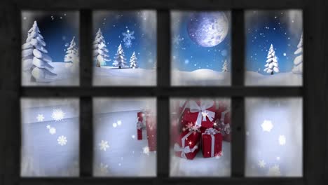 Wooden-window-frame-against-snow-falling-over-christmas-gift-icons-on-winter-landscape