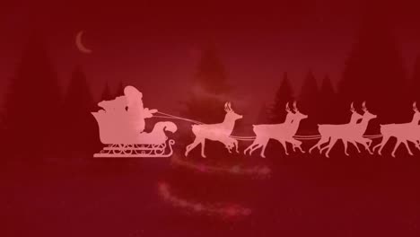 Santa-claus-in-sleigh-being-pulled-by-reindeers-against-shooting-star-around-a-christmas-tree