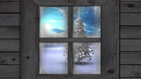 Animation-of-window-view-of-christmas-tree-and-winter-landscape