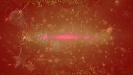 Snowflakes-floating-over-christmas-decorations-and-spot-of-light-against-red-background