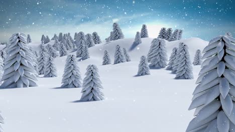 Schnee-Fällt-über-Mehrere-Bäume-In-Der-Winterlandschaft-Vor-Blauem-Himmel