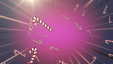 Animation-of-candy-cane-falling-over-glowing-rays-on-purple-background