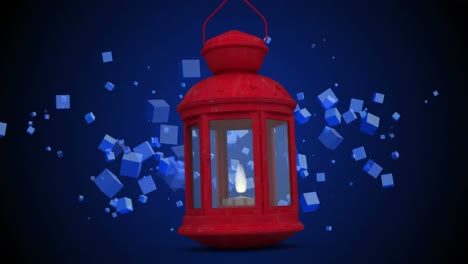 Rote-Weihnachtslampe-über-Mehreren-Blauen-3D-Quadratformen,-Die-Vor-Blauem-Hintergrund-Schweben