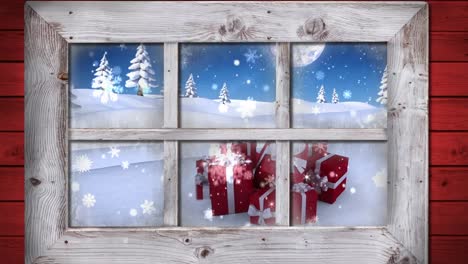 Animation-of-window-view-of-gifts-and-winter-landscape