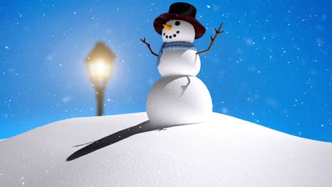 Snow-falling-over-snowman-on-winter-landscape-against-blue-background