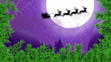 Grüne-Äste-über-Dem-Weihnachtsmann-Im-Schlitten,-Der-Von-Rentieren-Gegen-Den-Nachthimmel-Gezogen-Wird