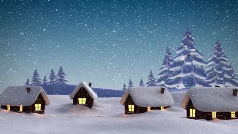 Schnee-Fällt-über-Mehrere-Bäume-Und-Häuser-In-Der-Winterlandschaft-Vor-Blauem-Himmel