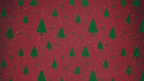 Digitale-Animation-Von-Schnee,-Der-über-Mehrere-Weihnachtsbaumsymbole-Vor-Rotem-Hintergrund-Fällt