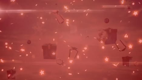 Animation-of-christmas-presents,-balls-and-stars-falling-over-background-with-red-filter