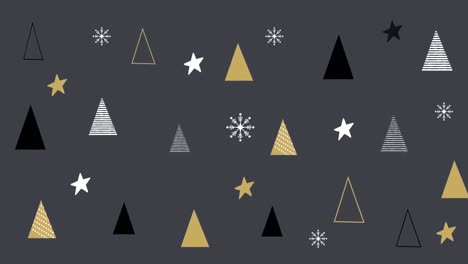 Animation-Von-Schneeflocken,-Weihnachtssternen-Und-Bäumen-Auf-Grauem-Hintergrund