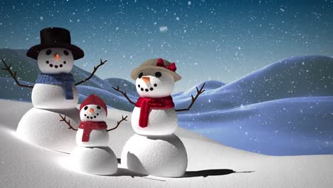 Animation-of-snow-falling-over-smiling-snowman-family-in-winter-scenery