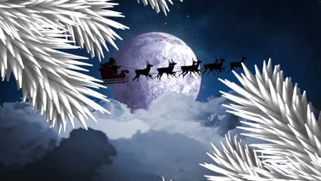 Weiße-Weihnachtsbaumzweige-über-Dem-Weihnachtsmann-Im-Schlitten,-Der-Von-Rentieren-Gegen-Den-Nachthimmel-Gezogen-Wird