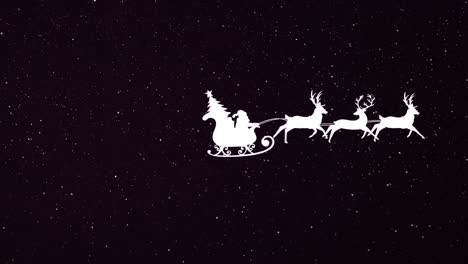 Snow-falling-over-santa-claus-in-sleigh-being-pulled-by-reindeers-against-black-background