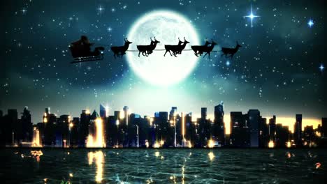 Green-tree-branches-against-santa-claus-in-sleigh-being-pulled-by-reindeers-over-cityscape