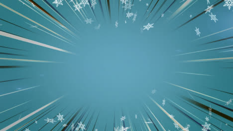 Animation-Von-Schnee,-Der-über-Leuchtende-Strahlen-Auf-Blauem-Hintergrund-Fällt