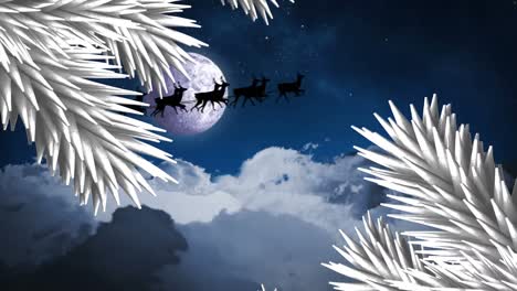 White-christmas-tree-branches-over-santa-claus-in-sleigh-being-pulled-by-reindeers-against-night-sky